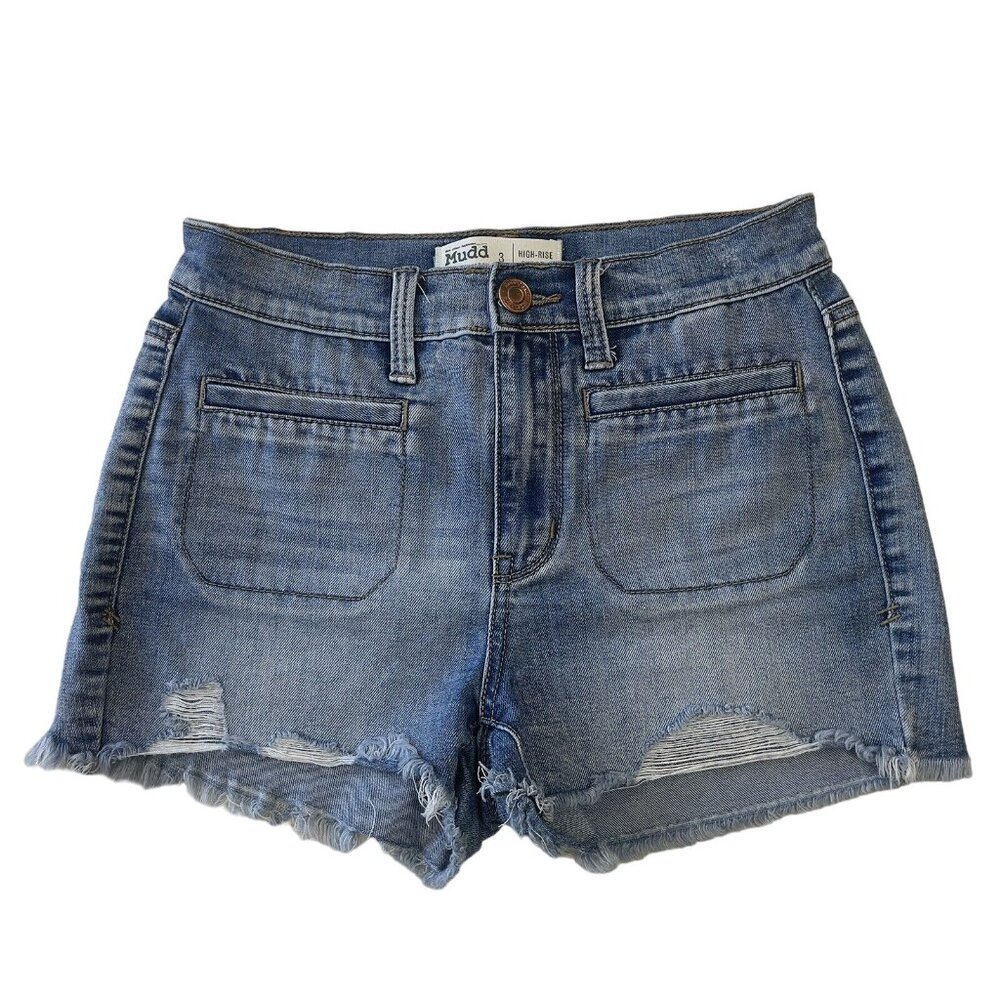 Mudd FLX Distressed Denim Jean Shortie Junior SZ 3 Blue Frayed Hem High Rise - Picture 10 of 10